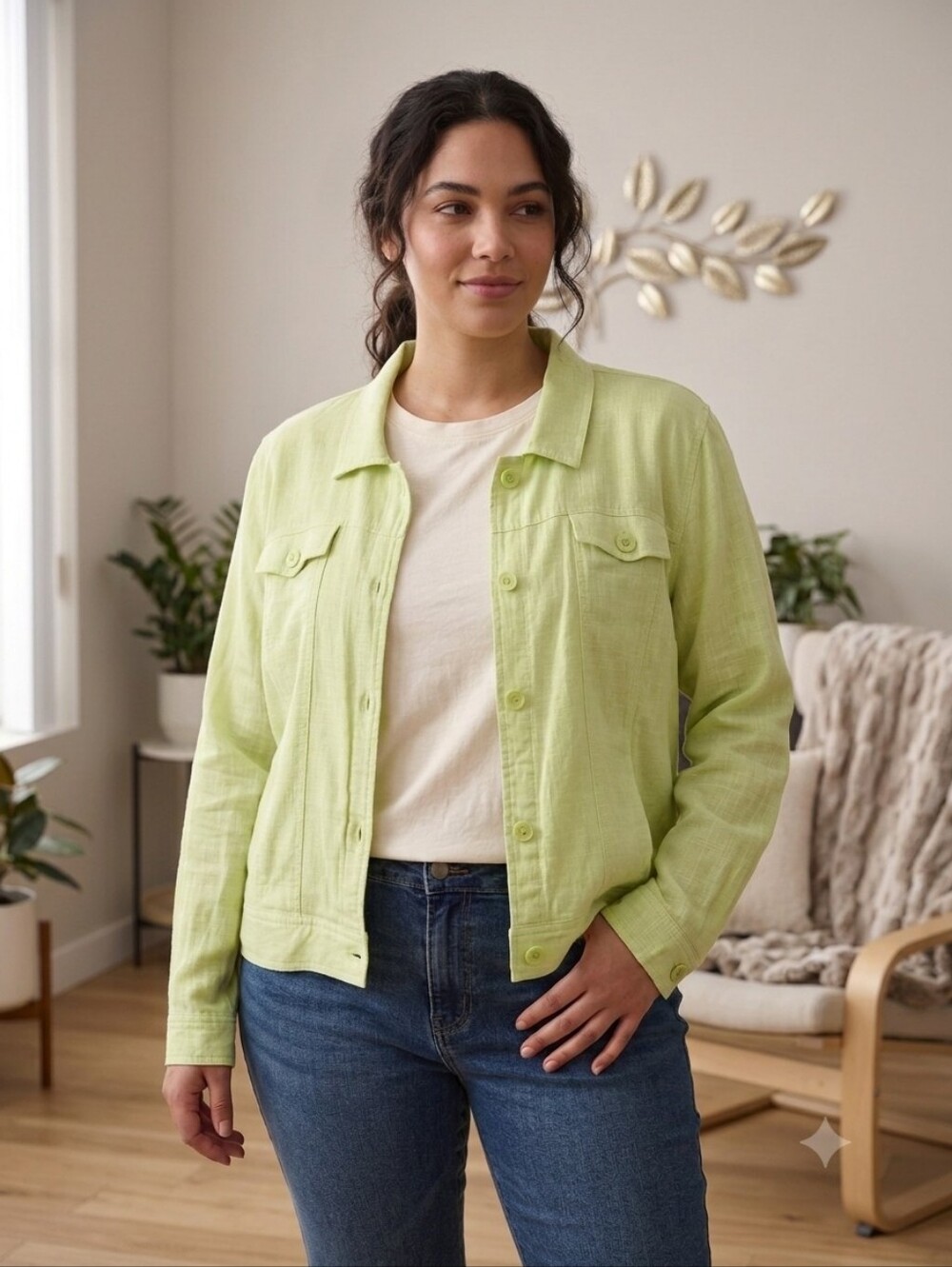 Light Green Linen Women's Bomber Jacket - Casual Button-Up Size XL
